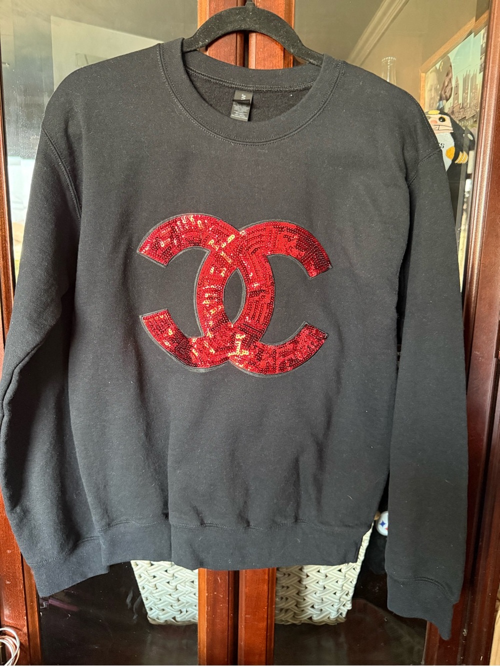 Gildan Black Sweatshirt with Red Sequin Interlocked Logo